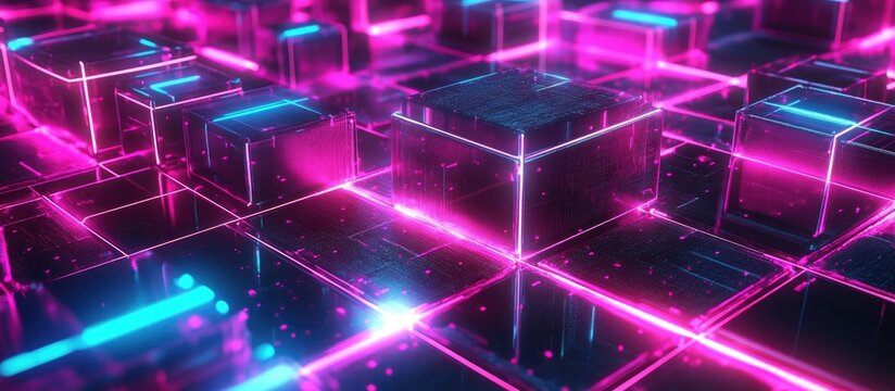 Vibrant neon background depicting blockchain concepts cryptography AI learnability and neural networks Holographic blocks arranged in an array 3D illustration and rendering