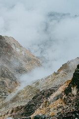 Crater of active volcano, summer geothermal volcanic landscape.
