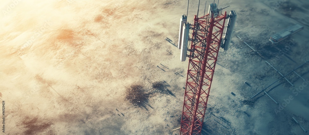 Poster aerial view of a cell tower on a sunny day designed for transmitting and receiving signals from mobi
