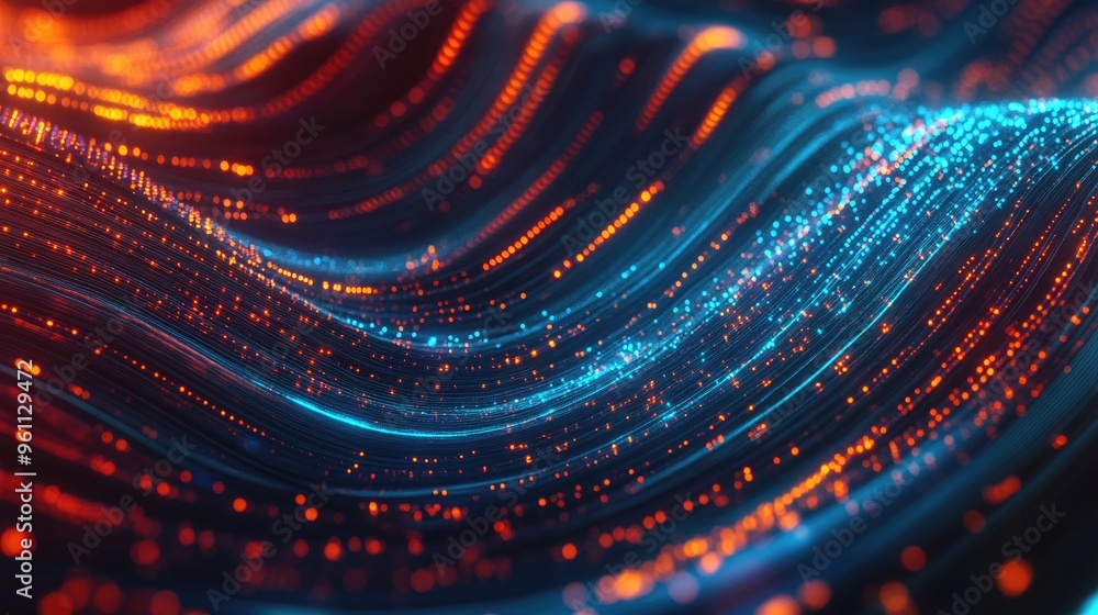 Poster abstract illustration of flowing information represented by cyan blue red and orange lines and dots 