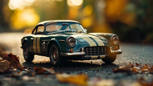 Detailed close-up of a vintage model car on a sunlit path surrounded by autumn leaves in a vibrant forest setting