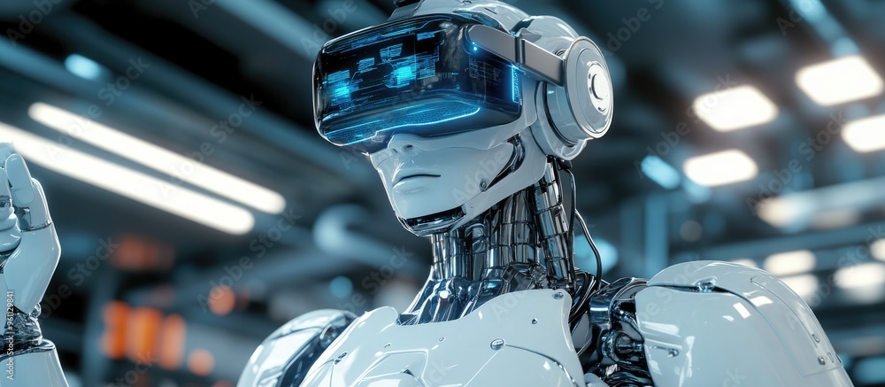 Poster 3d rendering of an android robot equipped with a virtual reality headset