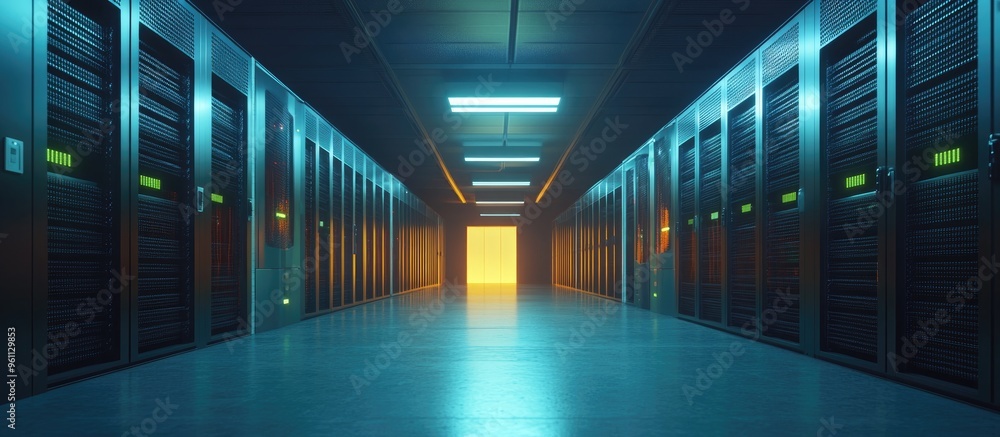 Poster server racks in dark facility utilizing modern technology concept of iot big data security storage s