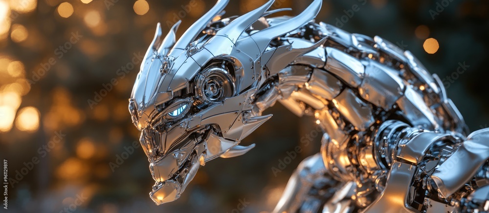 Poster 3d rendering of a metallic dragon robot