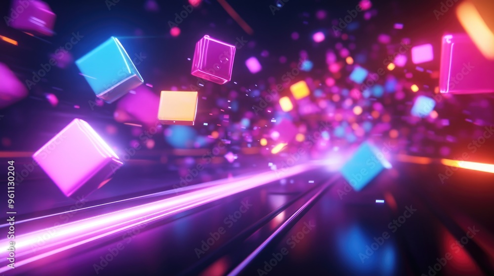 Poster 3d render of an abstract futuristic scene featuring a neon light trail with floating geometric shape