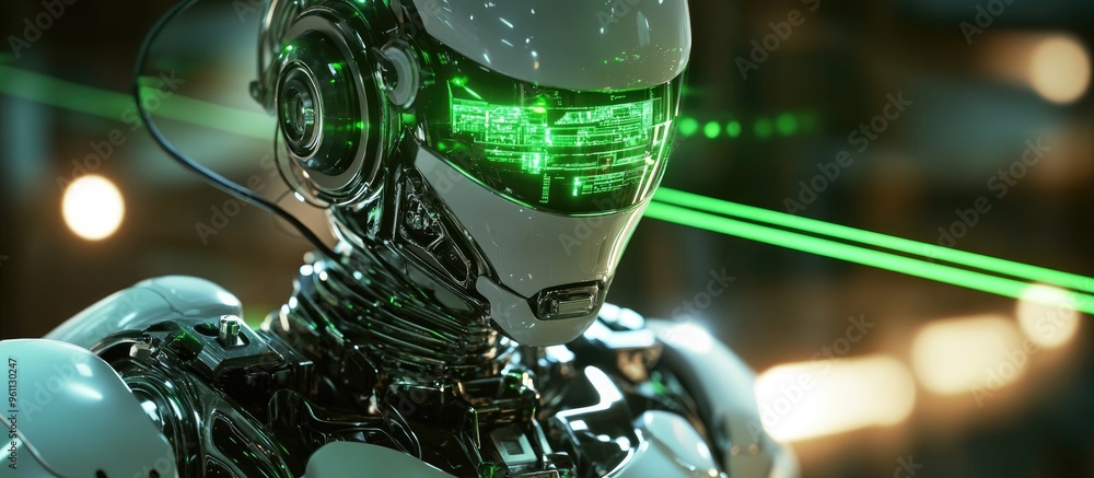 Poster robot mechanic with illuminated green light 3d rendering
