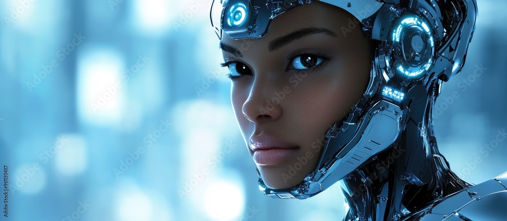 Poster cyborg portrait with a realistic 3d design set against a bluish backdrop