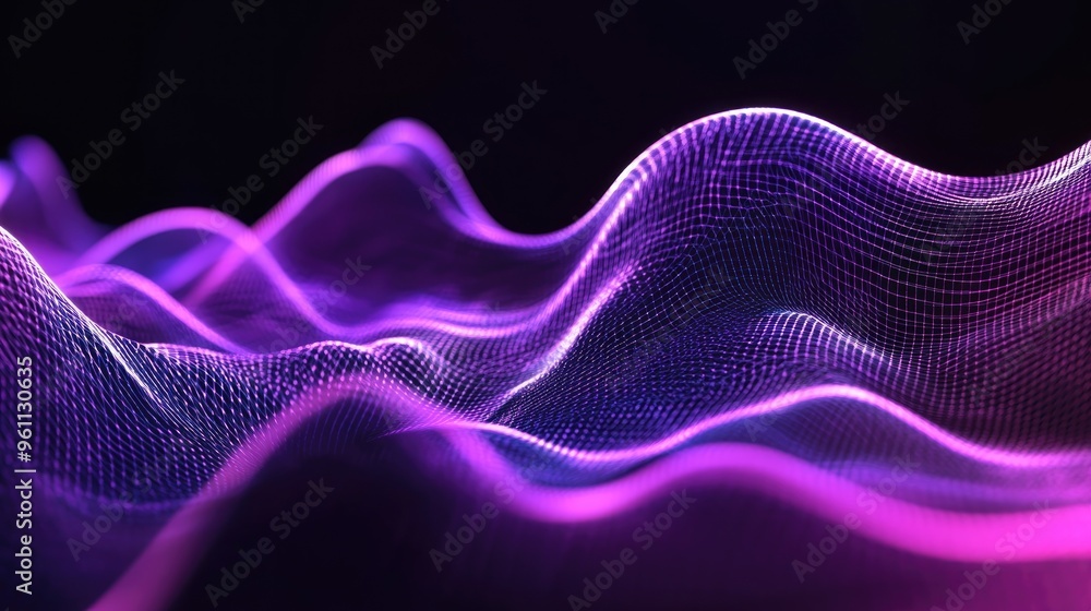 Poster dynamic purple sound waves with lively motion effects on a black background creating a vibrant audio