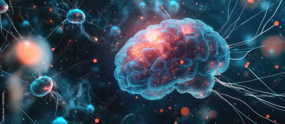 Poster cellular structures resembling an artificial brain against a dark blue and black background featurin