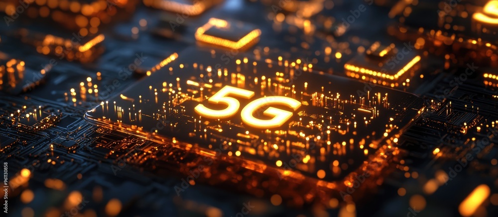 Poster 3d rendering of glowing gold representing 5g technology for tech themed content