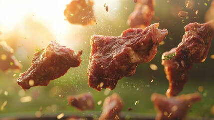beaf and lamb meat chucks, are about to fly off the screen, in a natural garden,