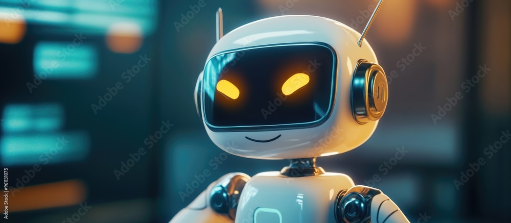 Poster adorable cartoon robot in 3d representing technology concepts such as customer support and online as