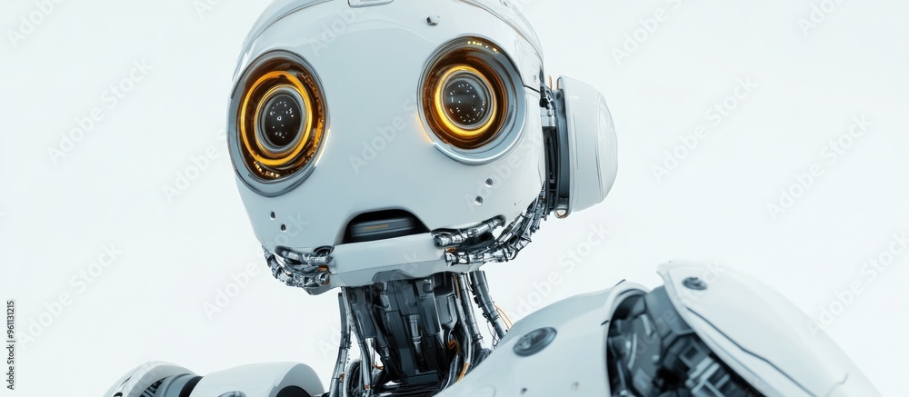 Poster fearful robot with a distressed expression on a white background presented in a close up 3d illustra