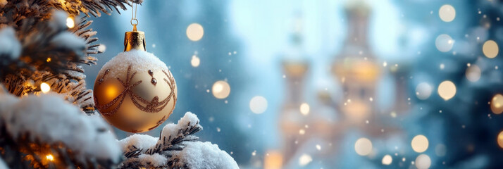 Beautiful gold Christmas tree decorations n snow against the background of Orthodox church. Orthodox Christmas. Horizontal banner. Copy space. Religious greeting card, poster