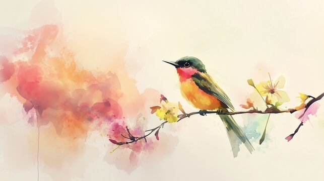 Colorful Watercolor Bird on a Flowering Branch
