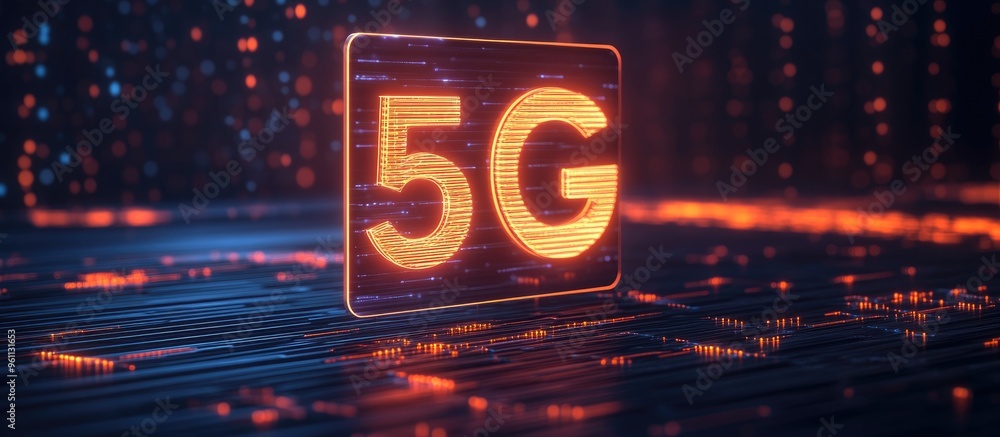 Poster 3d rendering of mobile technology showcasing a 5g network with data transmission elements