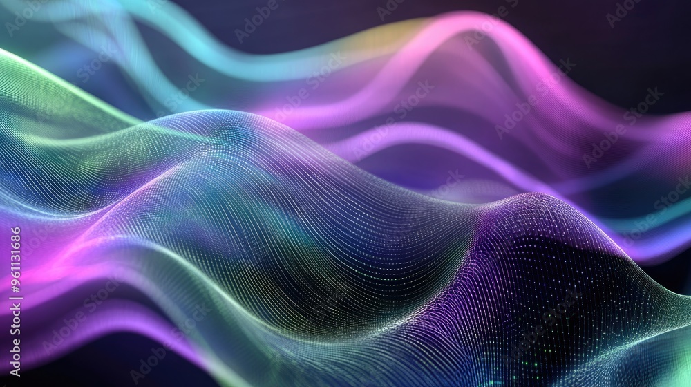 Poster futuristic technology background featuring smooth wave lines in a gradient of purple blue and green 