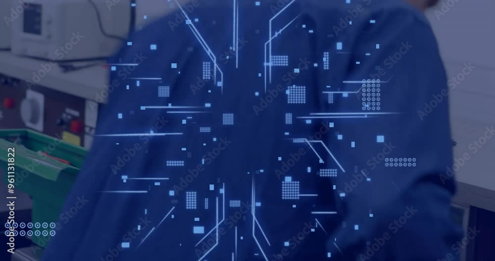 Poster digital network and data processing animation over person working with electronic equipment