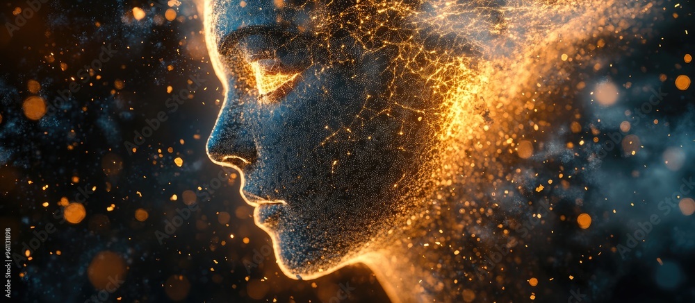 Poster digital human face created through artificial intelligence visual representation of dispersion and d