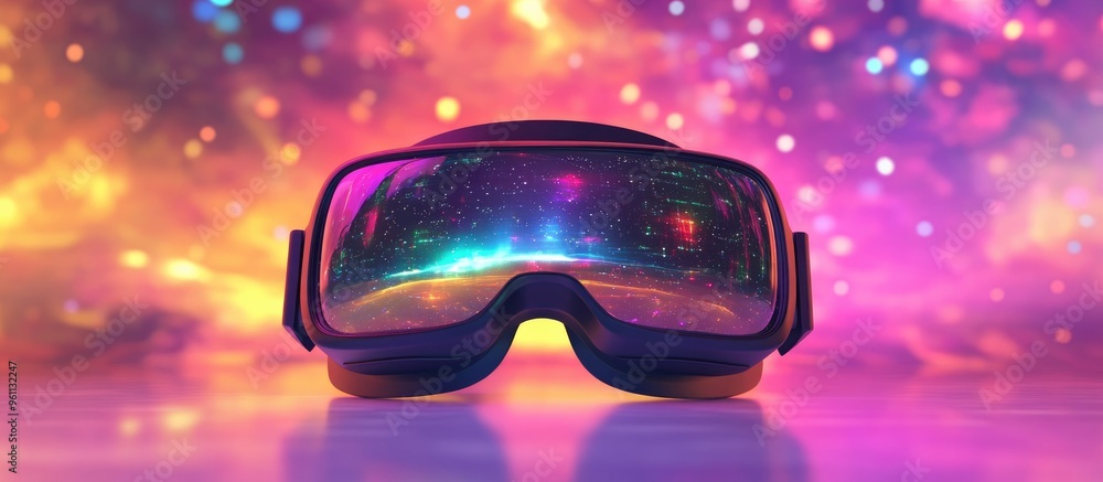 Poster virtual reality goggles representing metaverse technology against a vibrant background illustrating 