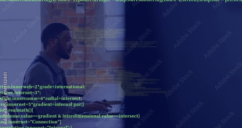 Poster computer code animation over business person working on laptop