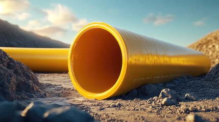 Yellow plastic pipe at a construction area This hollow cylinder is designed for transporting liquids gases slurries and small solid materials