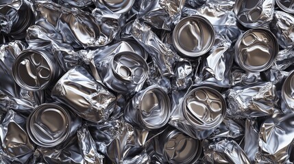 A close-up of crushed aluminum cans in a recycling facility, showcasing the importance of recycling and environmental conservation.