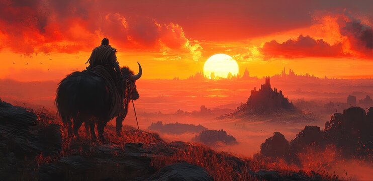 A hero's journey begins at sunset, with mythical beasts and legendary landscapes in the background