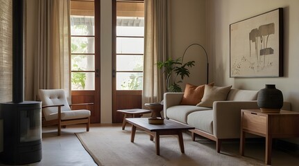 Fototapeta premium a serene living room where Japandi design, the elegant fusion of Japanese minimalism and Scandinavian warmth
