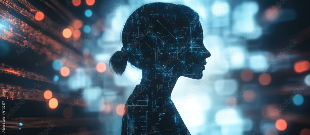 Poster silhouette of a person against a technical backdrop representing artificial intelligence and the con