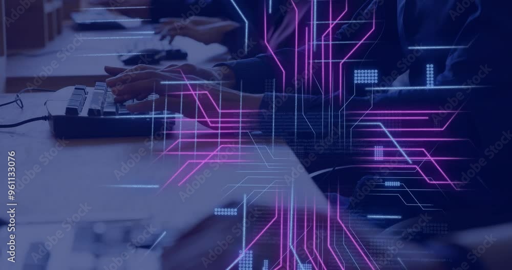 Poster typing on keyboard, hands over digital data and coding animation
