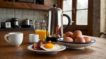 Morning breakfast ,eggs and bacon ,coffee , morning coffee