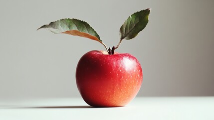 A red apple with two green leaves on a white background.
