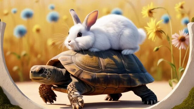 A playful white rabbit confidently sits on the back of a tortoise, set against a vibrant floral backdrop, showcasing a whimsical friendship in nature created with generative ai