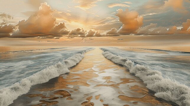 A surreal seascape featuring a golden sky at sunset with symmetrical waves rolling towards the shore. The calm ocean and glowing clouds create a magical, dreamlike atmosphere.