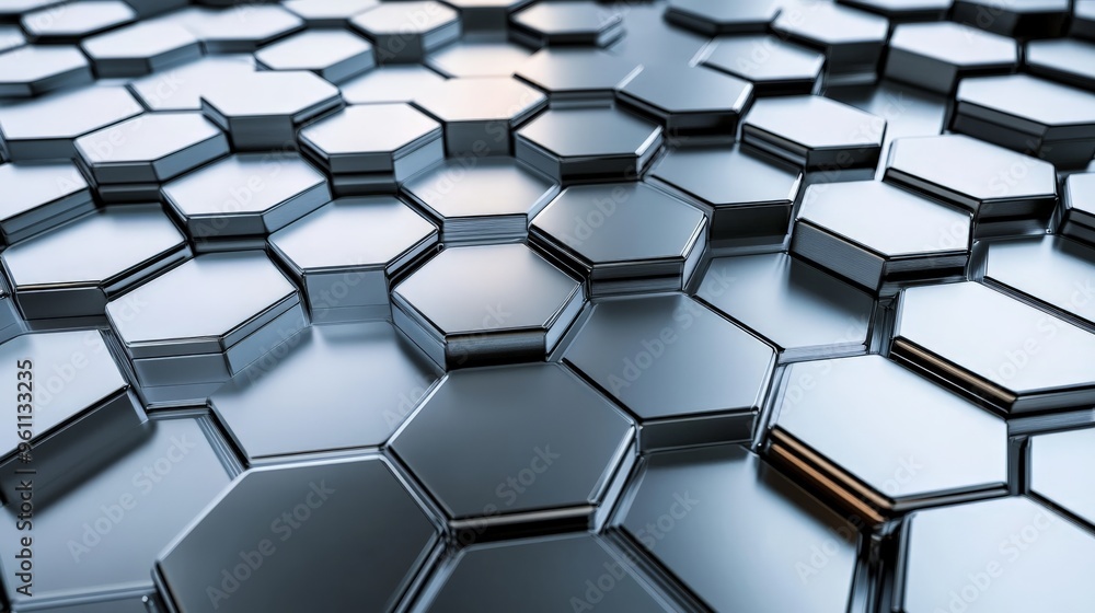 Poster abstract 3d hexagonal pattern with metallic shades creating a modern geometric background, ideal for
