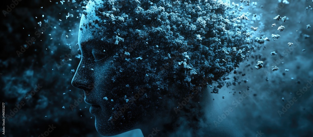 Poster 3d rendered head enveloped in abstract graphic elements resembling particles representing the concep