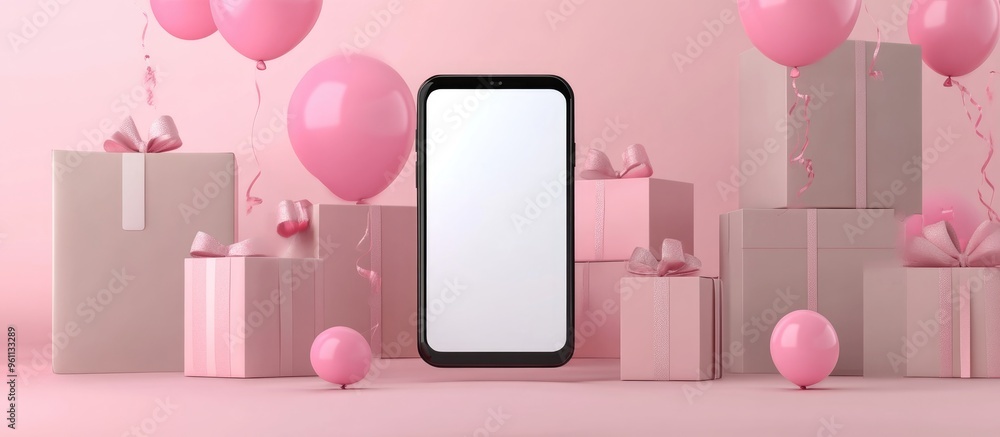 Poster 3d rendering of a smartphone with a blank white screen surrounded by floating boxes and pink balloon