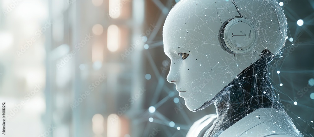 Poster white robot on a blurred backdrop utilizes floating digital network connections featuring dots and l