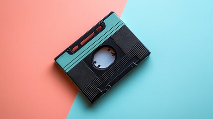 Fototapeta premium Vintage VHS cassette tape on a pink and blue background.
