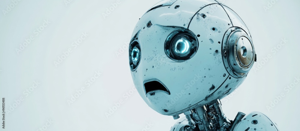 Poster fearful robot with a distressed expression on a white background presented in a close up 3d illustra