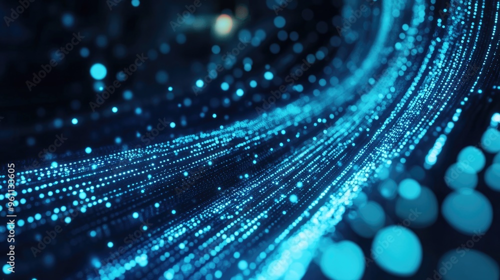 Poster abstract illustration of information stream featuring a cyan line and dots representing big data tec