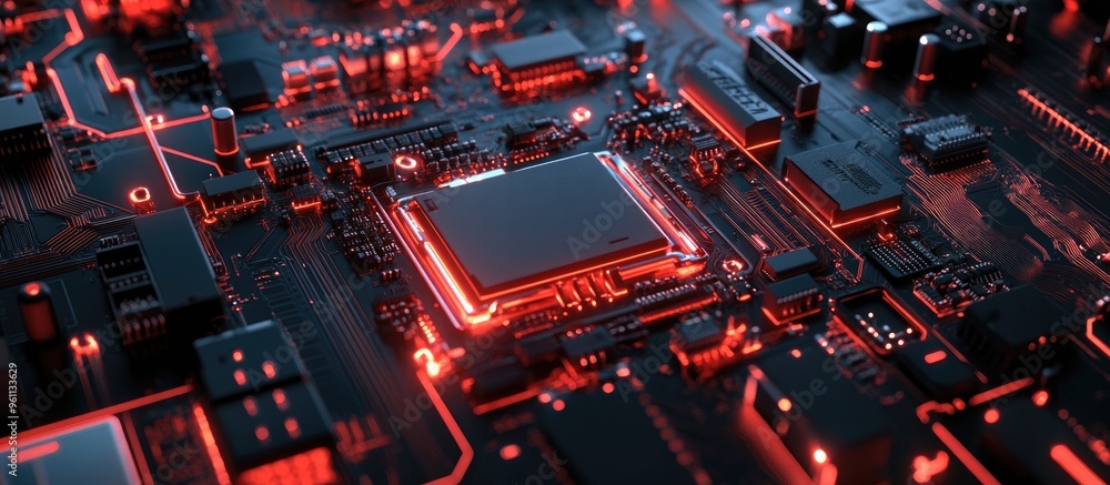 Poster abstract close up of an electronic mainboard background featuring a circuit system and components li