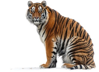 Fototapeta premium A tiger, full body photo, white background, high definition photography ultrarealistic over isolated white background --ar 29:21 --style raw --stylize 750 Job ID: 415d7ad9-438d-4f21-b7b2-1e24abe3f937