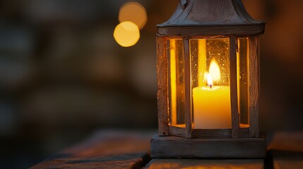 Close-up of a lantern with a lit candle inside.