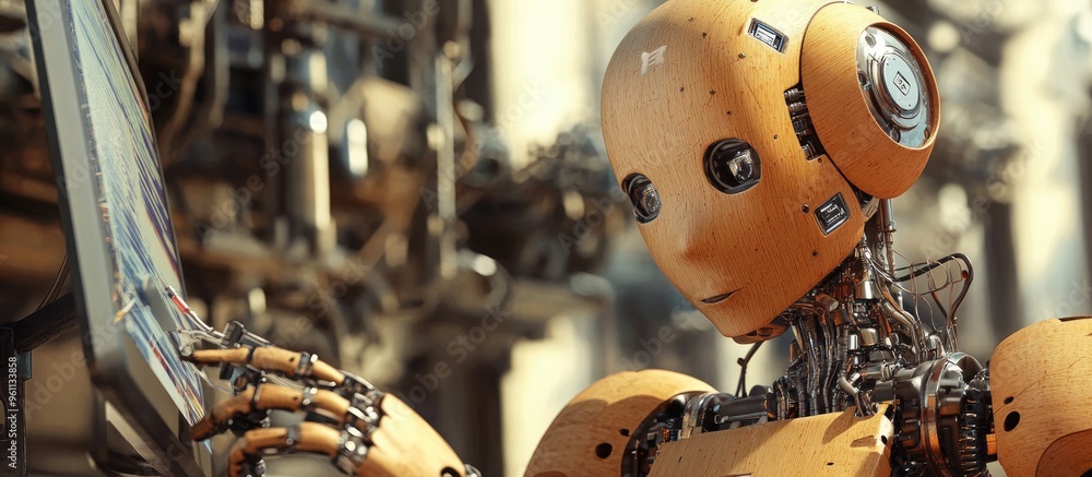 Poster wooden robot utilizing a computer to operate artificial intelligence showcasing the fusion of techno