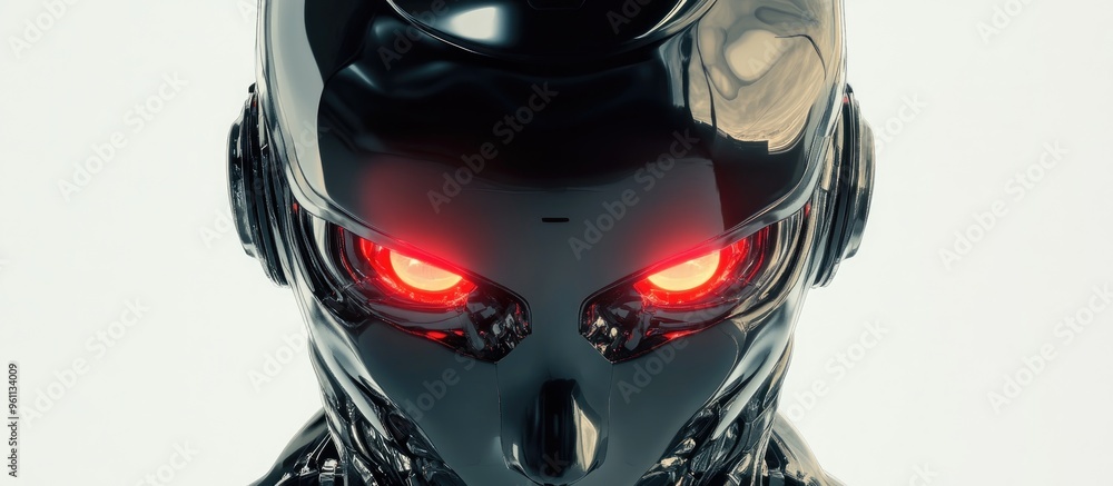 Poster cyborg head featuring glowing red eyes with a sleek dark metallic helmet depicts a robot with artifi