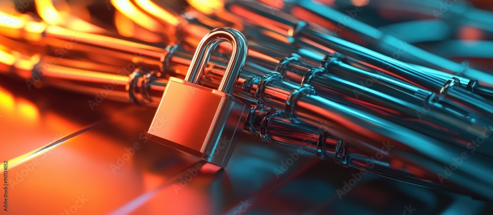 Poster a bundle of network cables secured with a metal padlock resting on a surface