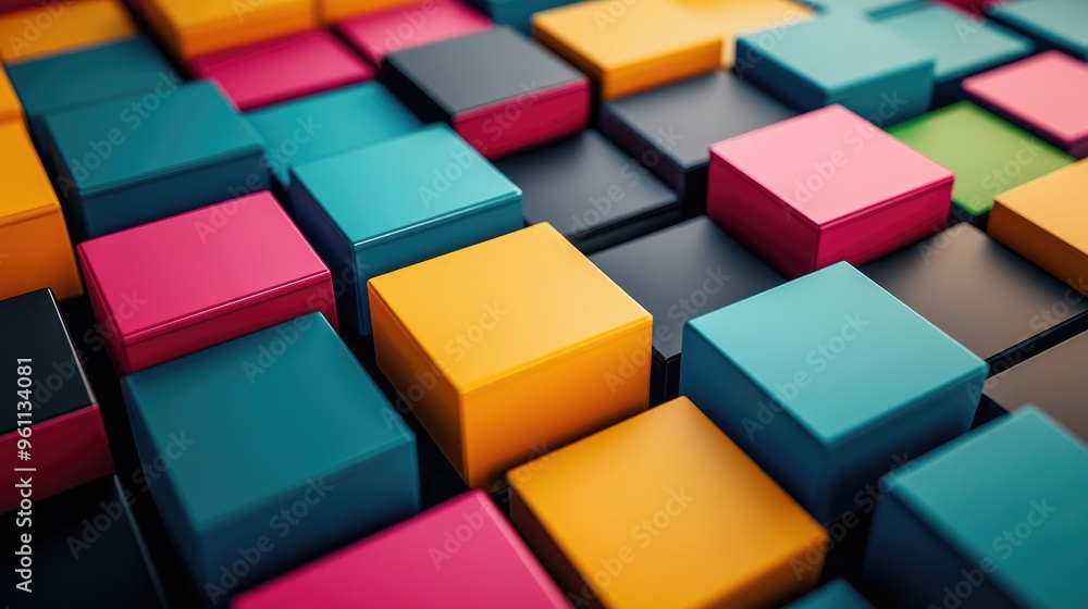 Poster abstract business technology background featuring colorful blocks on a grid with ample empty space f