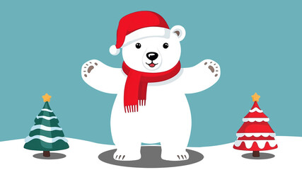 Polar bear in drawing style, with red Christmas hat and scarf, posing with open arms. christmas concept.